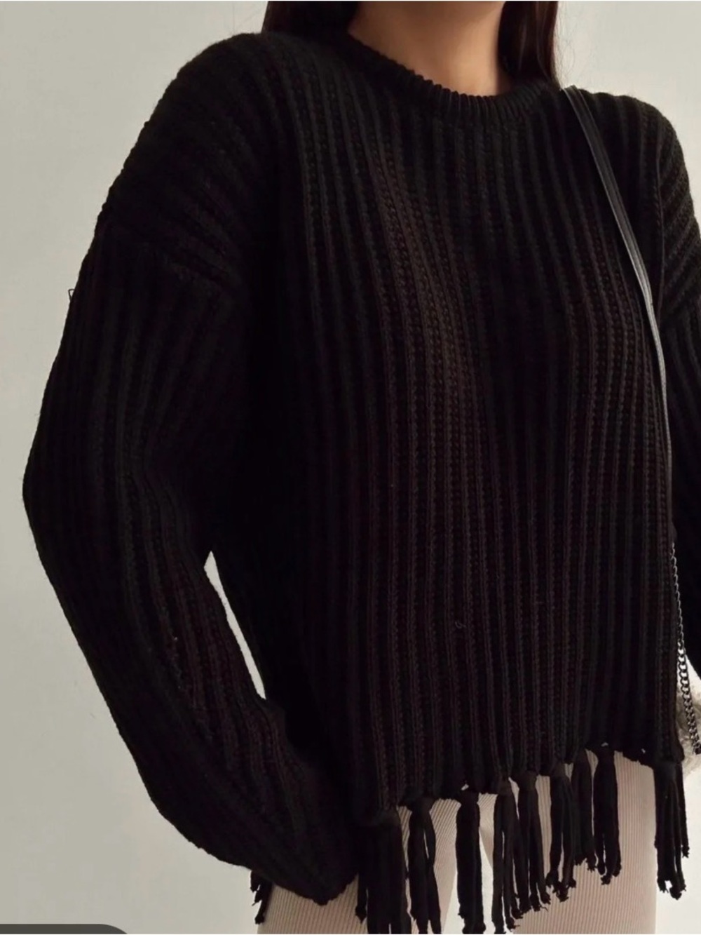 H&M Black Ribbed Crew Sweater with Fringe Hem